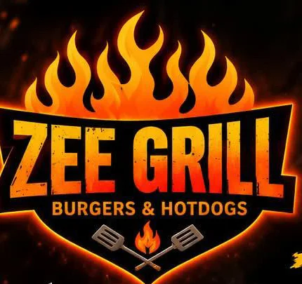 ZEE GRILL logo — a flaming shield reading Burgers & Hotdogs